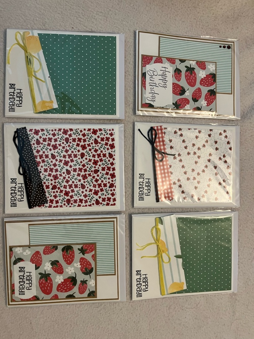 Handmade Strawberry & Polka Dot Birthday Card Bundle - Green & Red